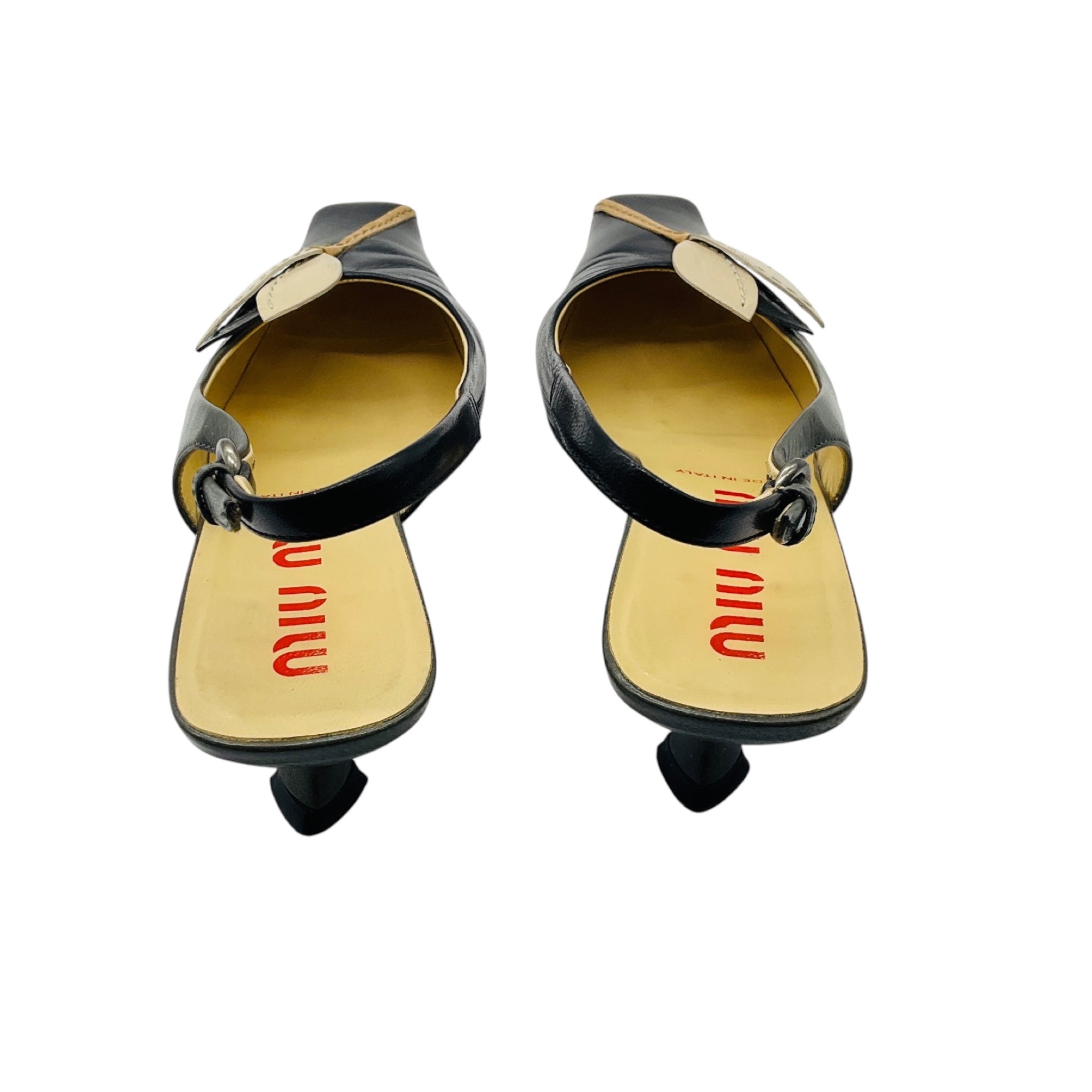 Miu Miu Black / Beige / Tan / Grey Petal Detail Leather Low Heel Slingback Pumps