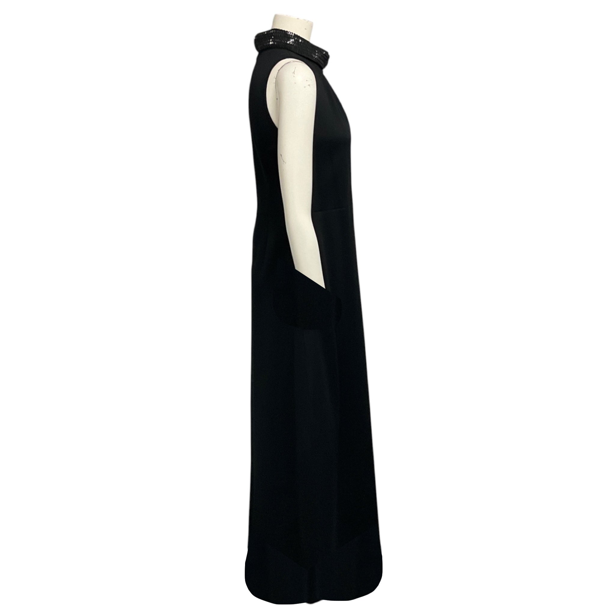 St. John Black Rhinestone Embellished Collar Sleeveless Stretch Knit Maxi Dress