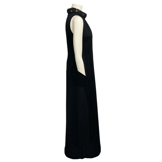 St. John Black Rhinestone Embellished Collar Sleeveless Stretch Knit Maxi Dress