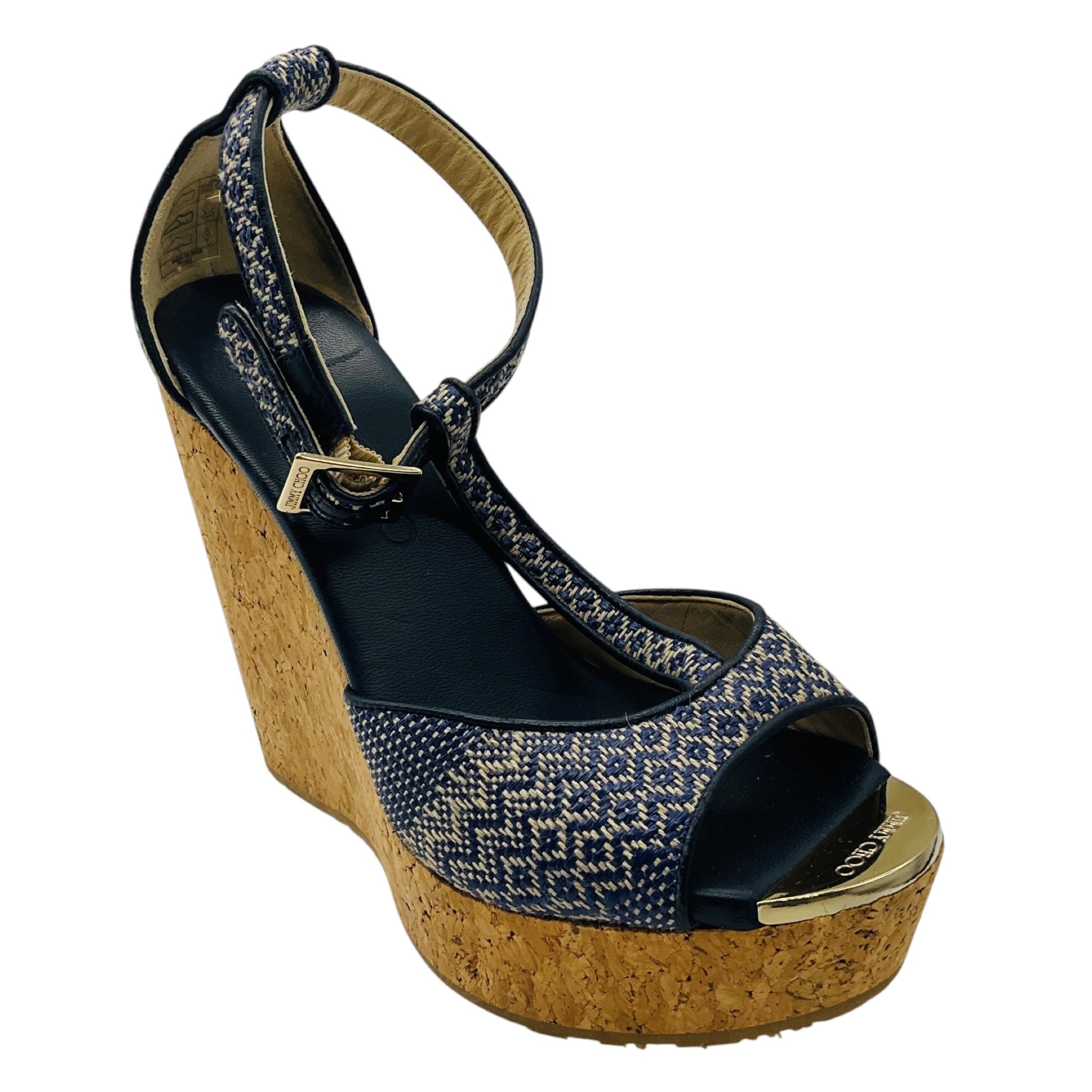 Jimmy Choo Navy Blue / Beige Portia Woven Raffia Cork Platform Wedge Sandals