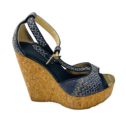 Jimmy Choo Navy Blue / Beige Portia Woven Raffia Cork Platform Wedge Sandals
