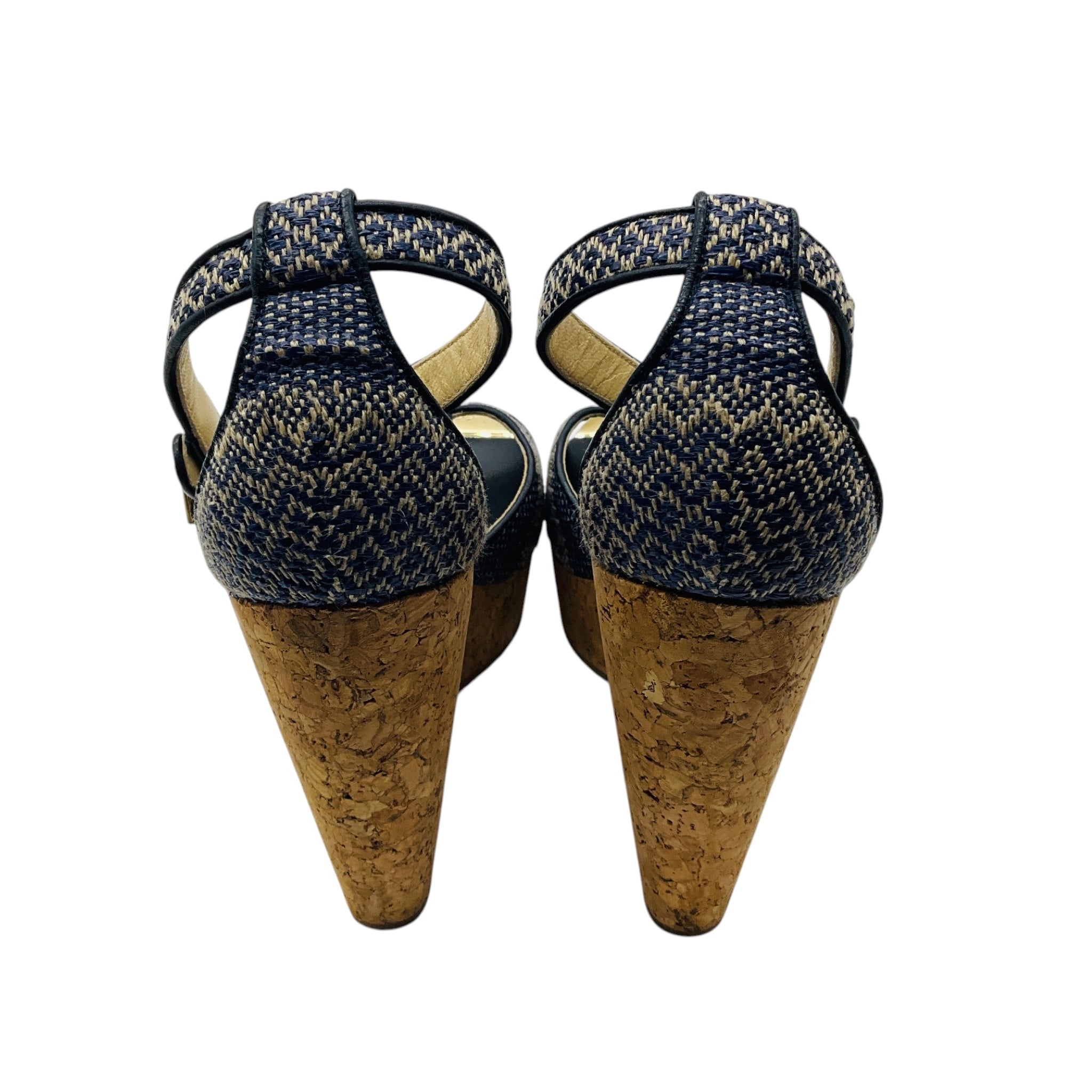 Jimmy Choo Navy Blue / Beige Portia Woven Raffia Cork Platform Wedge Sandals
