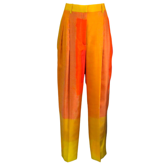 Partow Orange / Yellow Rio Pintucked Silk Twill Straight Leg Trousers / Pants