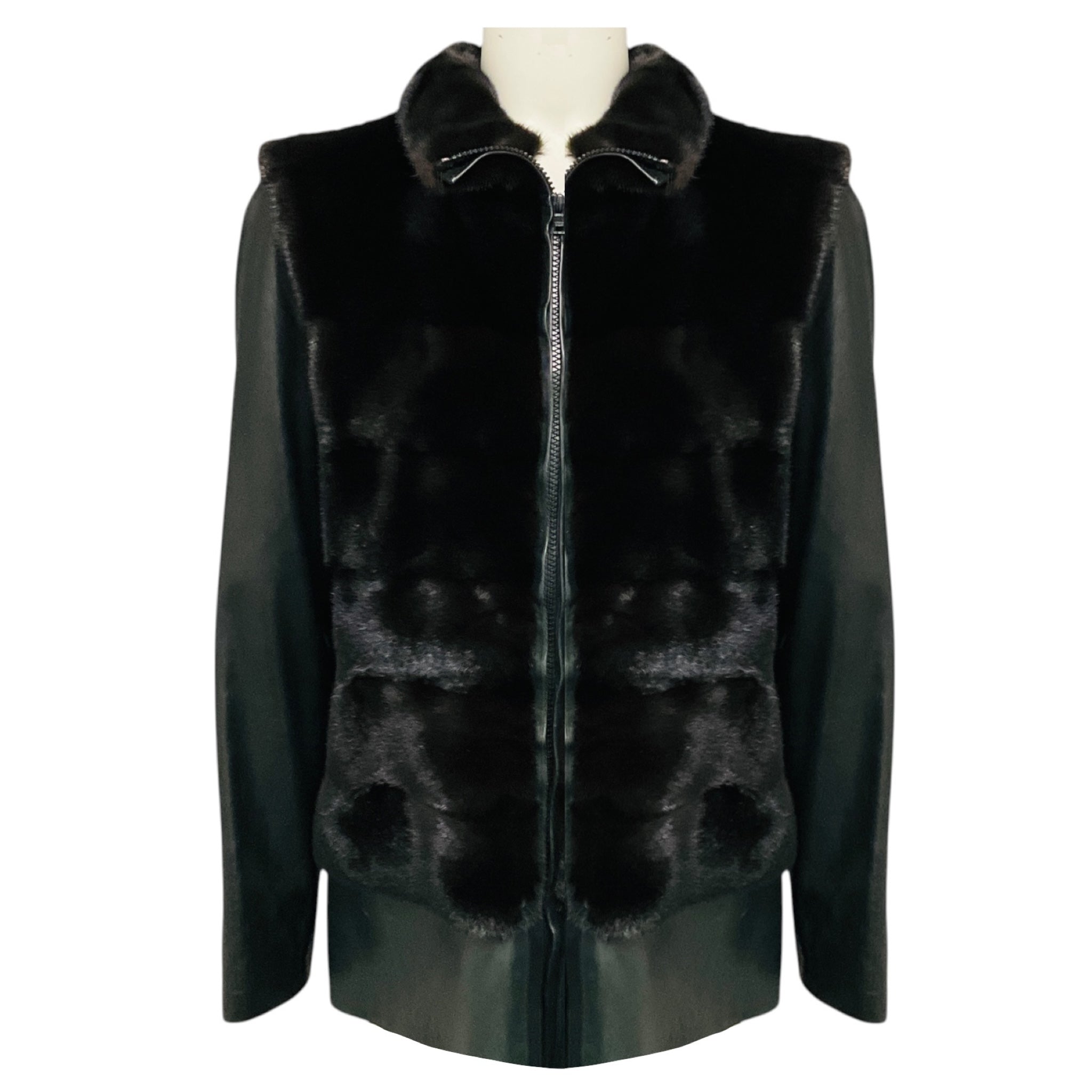 Pologeorgis Black Zip Front Mink Fur and Leather Jacket