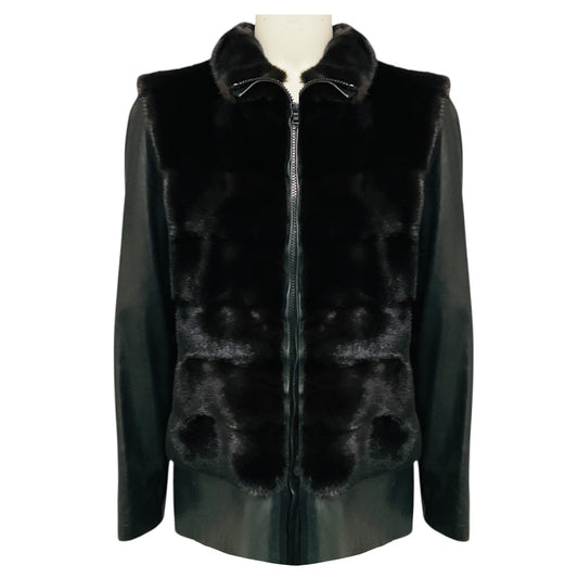 Pologeorgis Black Zip Front Mink Fur and Leather Jacket