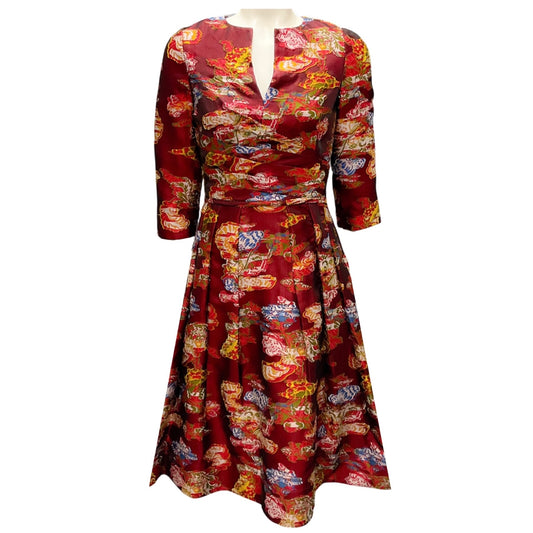 Oscar de la Renta Burgundy Multi Jacquard Cocktail Dress