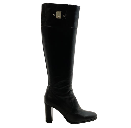 Hermes Black Leather Tall Heeled Boots with Silver Buckle