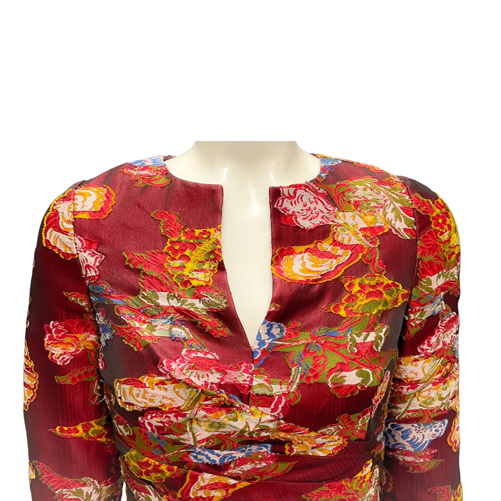 Oscar de la Renta Burgundy Multi Jacquard Cocktail Dress