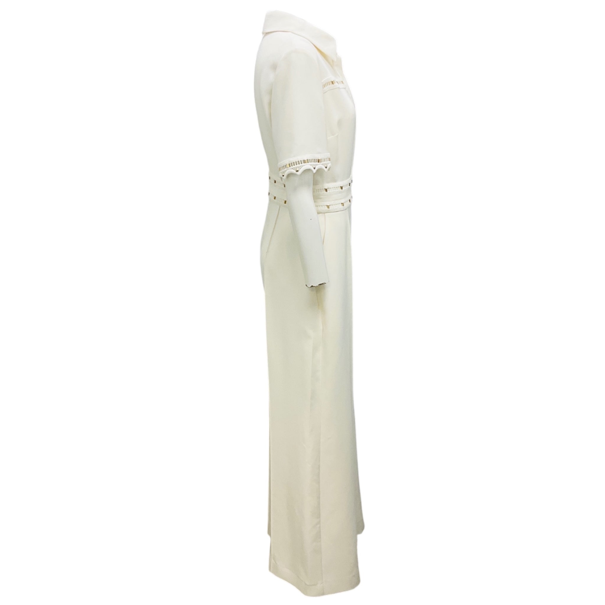Elie Saab Ivory / Gold Hardware Short Sleeved Crepe Jumpsuit