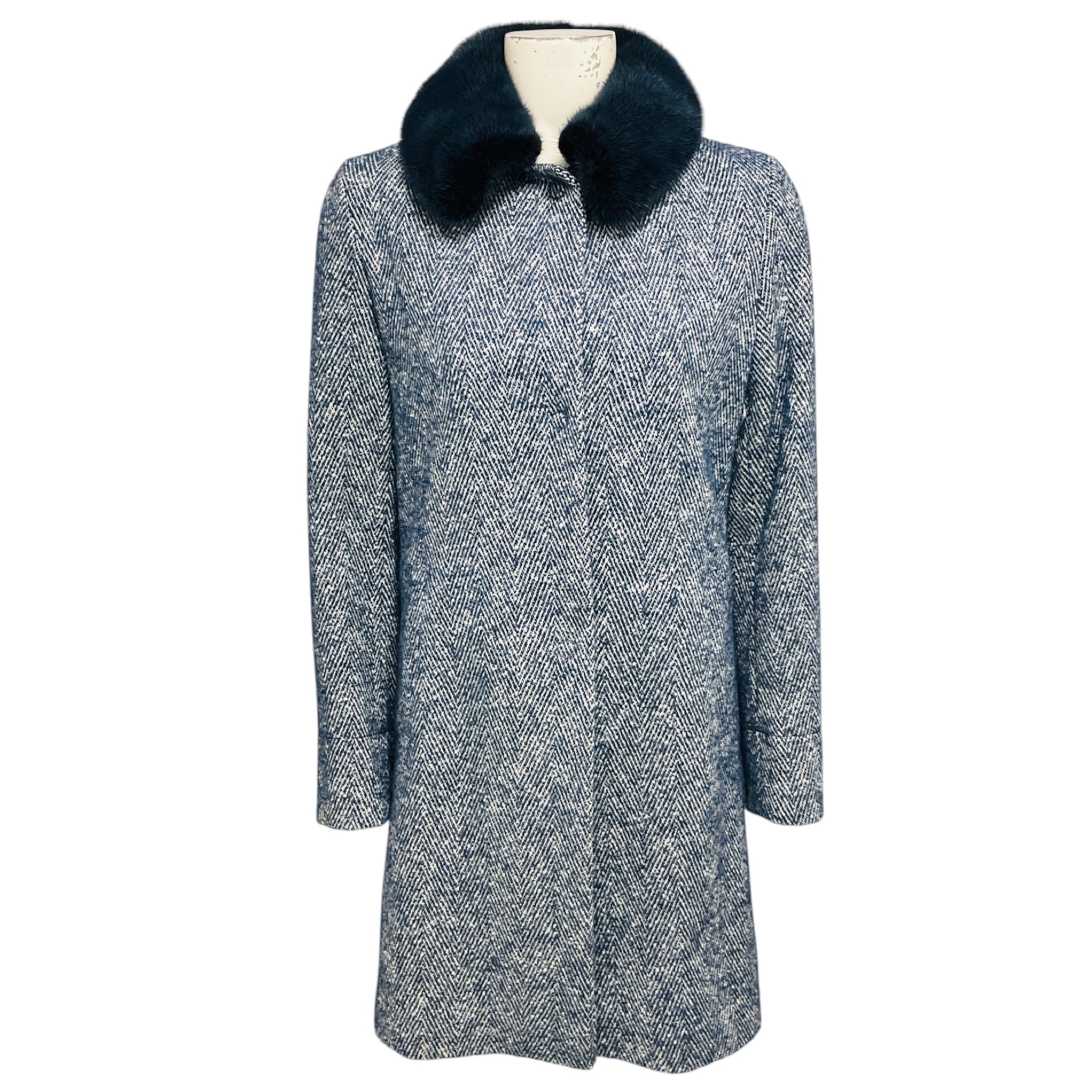 Amina Rubinacci Blue / White Wool and Alpaca Tweed Coat with Mink Fur Collar