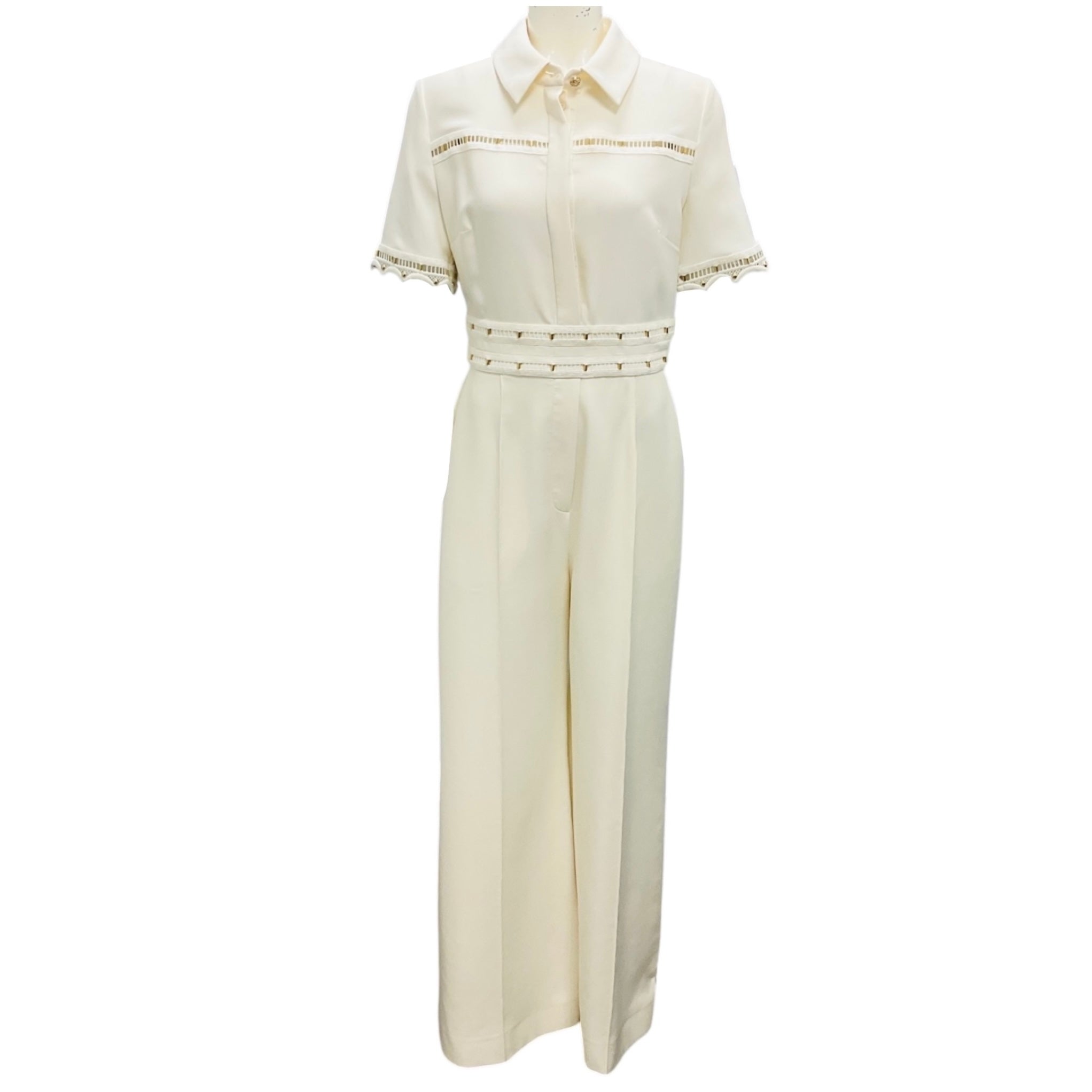 Elie Saab Ivory / Gold Hardware Short Sleeved Crepe Jumpsuit