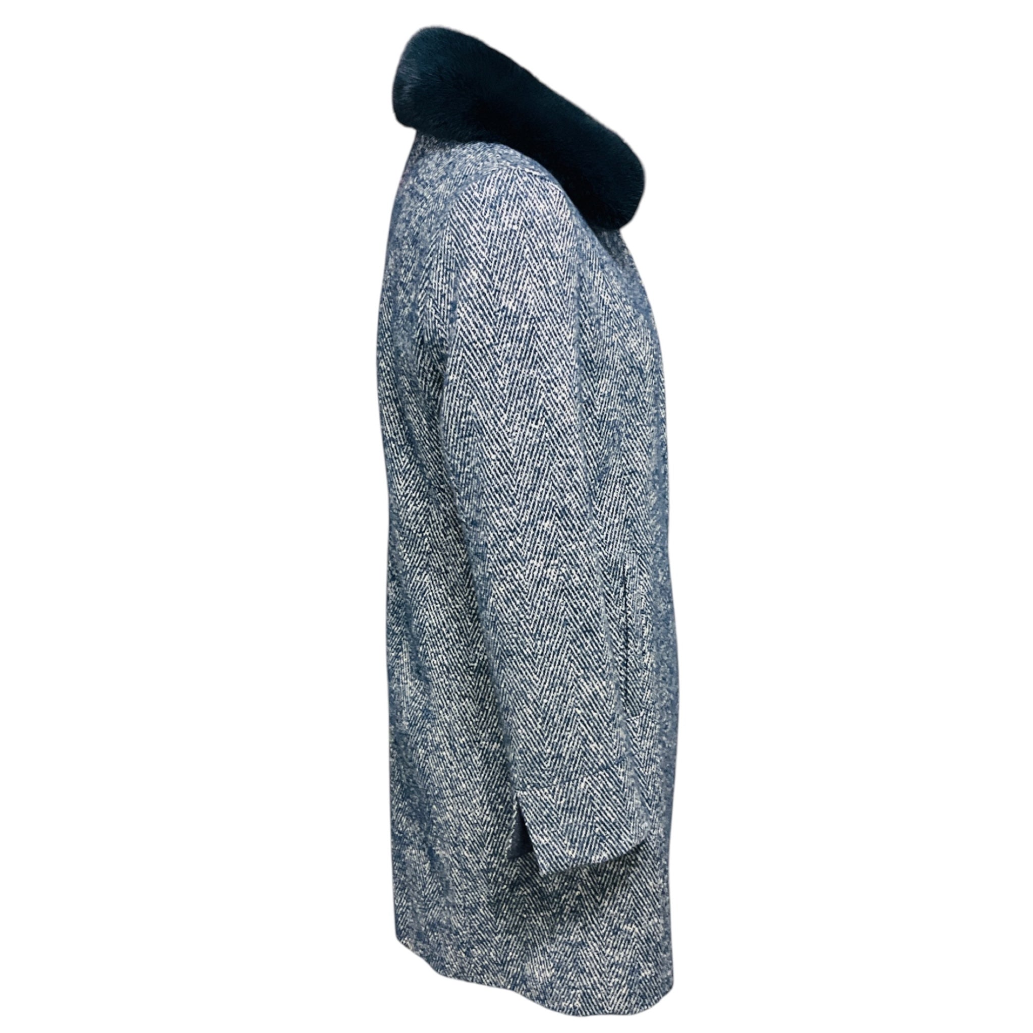 Amina Rubinacci Blue / White Wool and Alpaca Tweed Coat with Mink Fur Collar