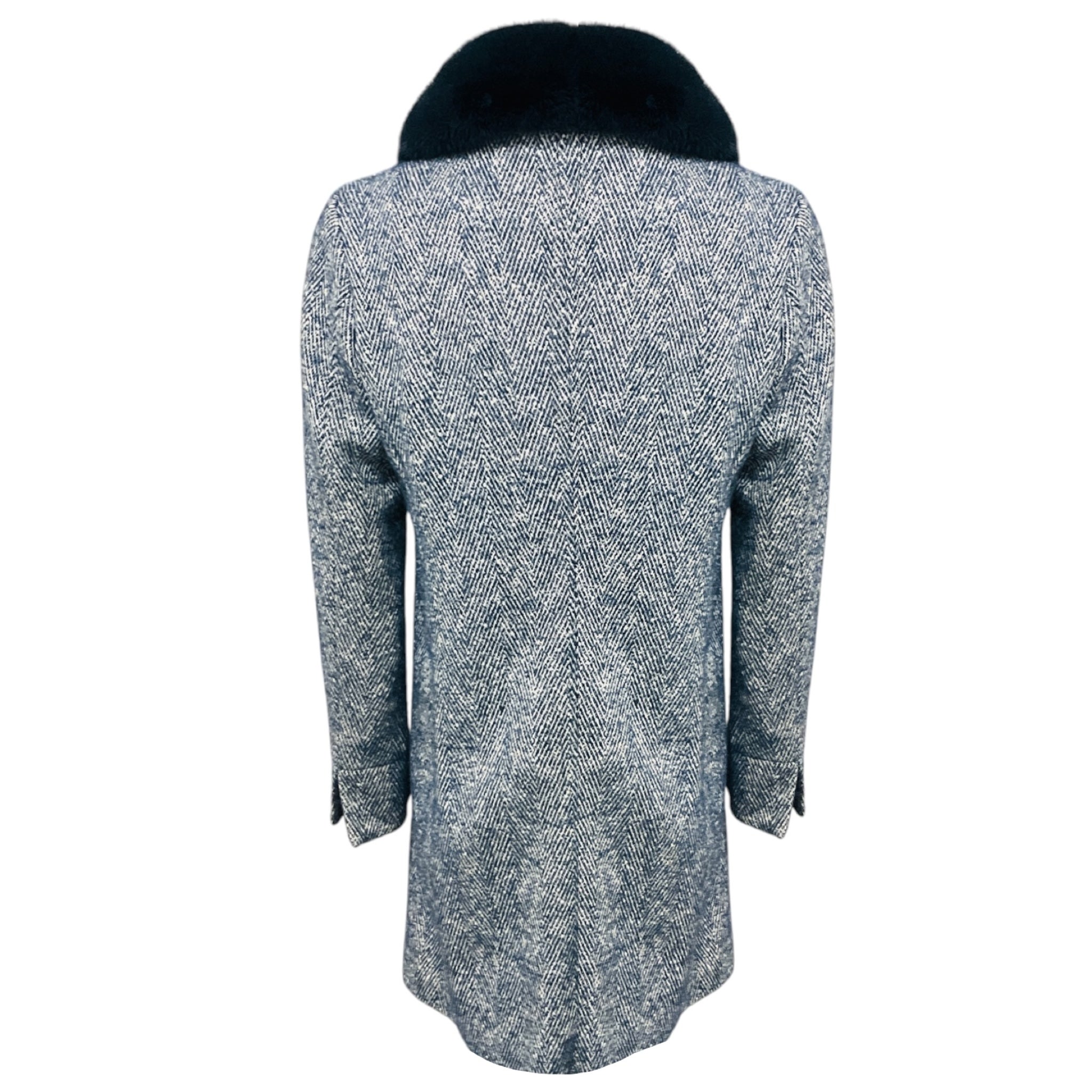 Amina Rubinacci Blue / White Wool and Alpaca Tweed Coat with Mink Fur Collar