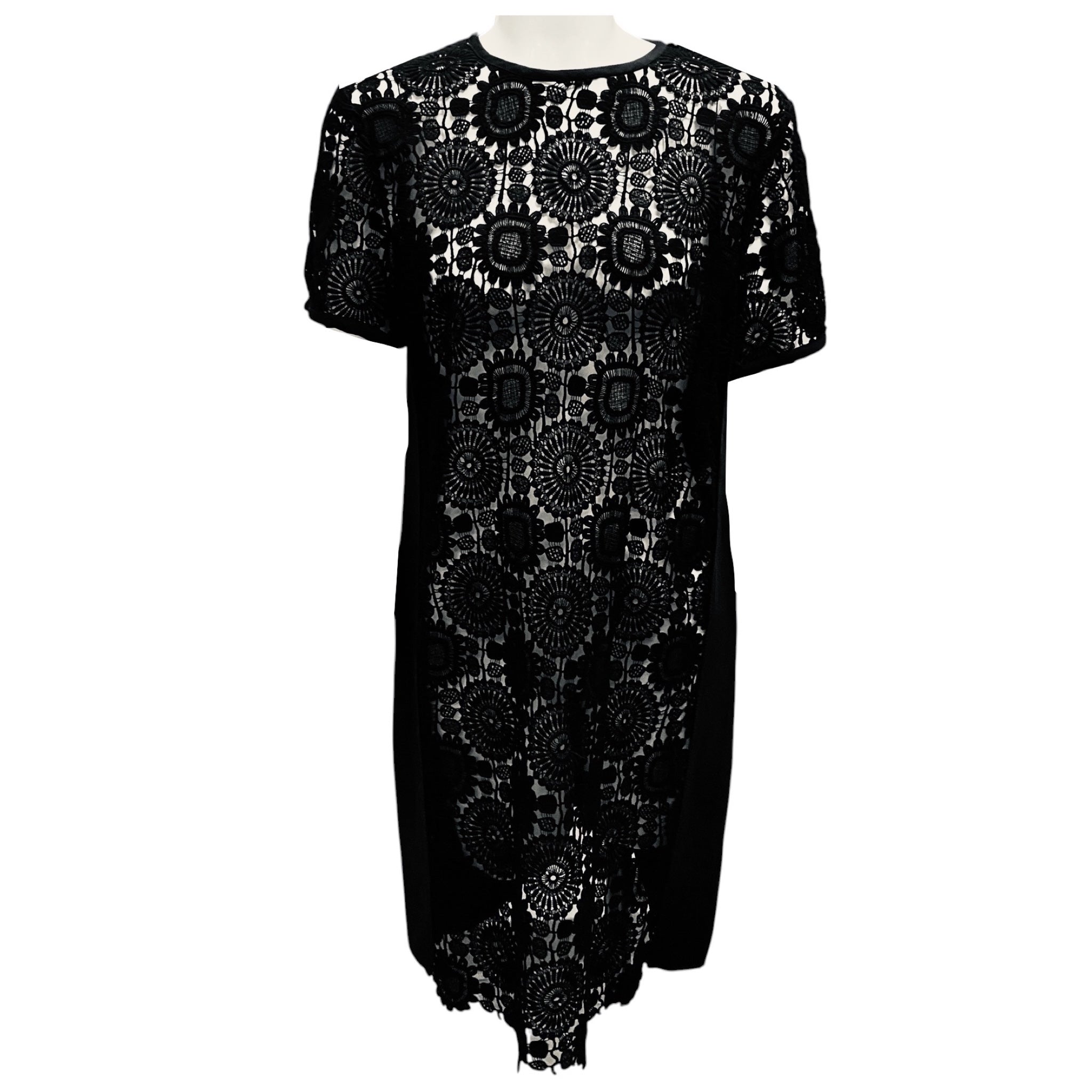Chloe Black Short Sleeve Crew Neck Lace Twill Shift Dress