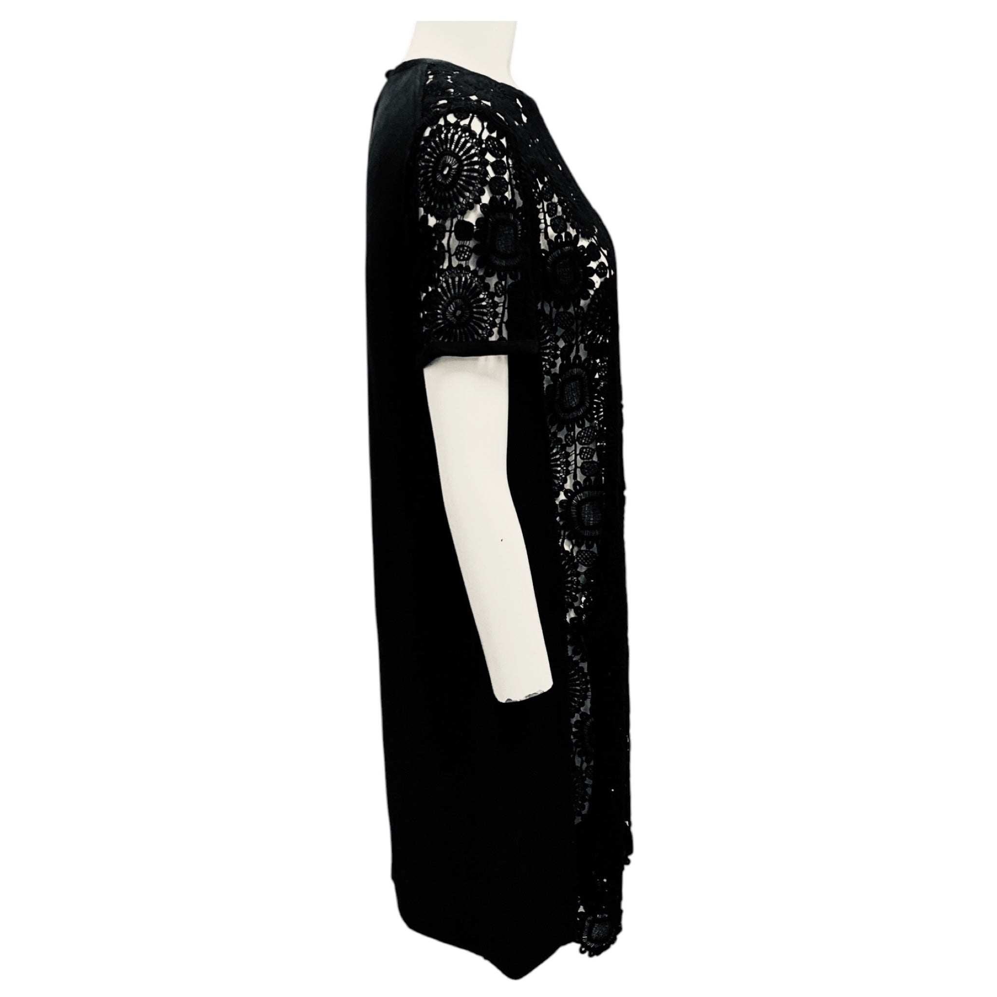 Chloe Black Short Sleeve Crew Neck Lace Twill Shift Dress