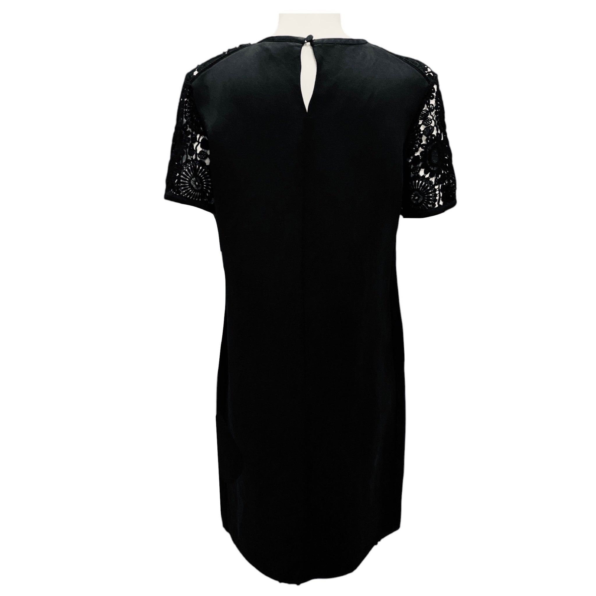 Chloe Black Short Sleeve Crew Neck Lace Twill Shift Dress