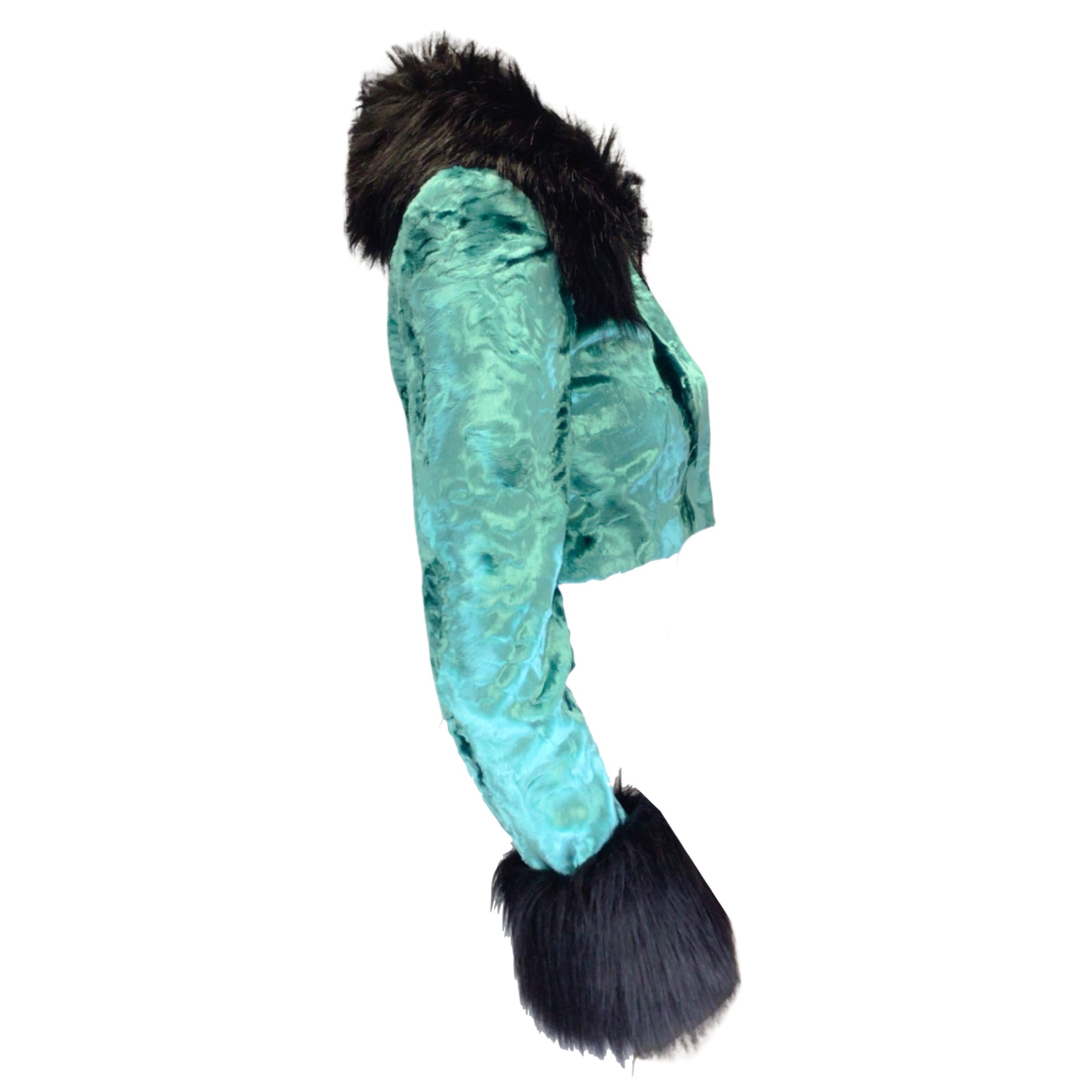 Alessandra Rich Turquoise / Black Faux Fur Trimmed Cropped Velvet Jacket