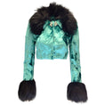 Load image into Gallery viewer, Alessandra Rich Turquoise / Black Faux Fur Trimmed Cropped Velvet Jacket
