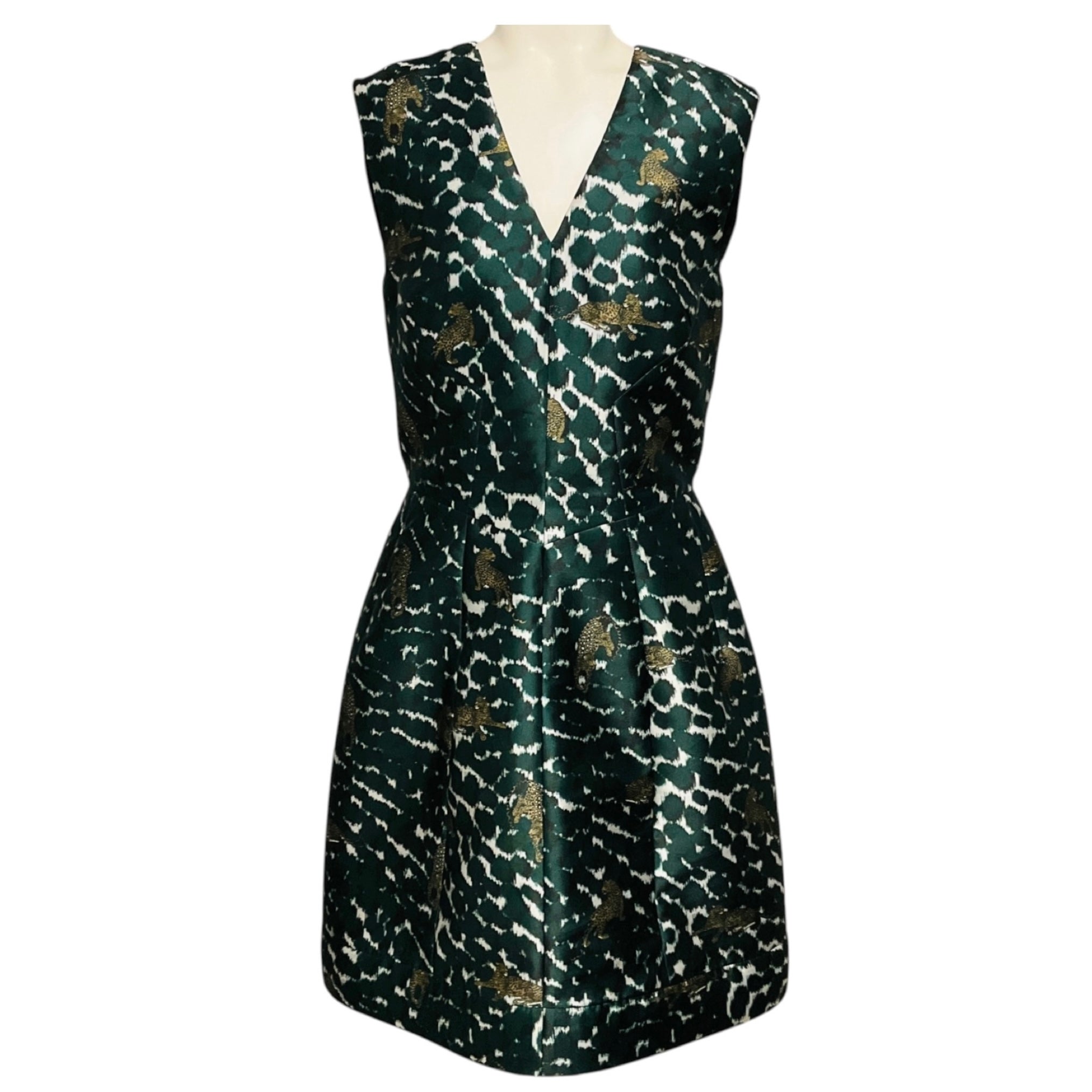 Yigal Azrouel Green Multi Leopard Animal Print Sleeveless V-Neck Satin Cocktail Dress