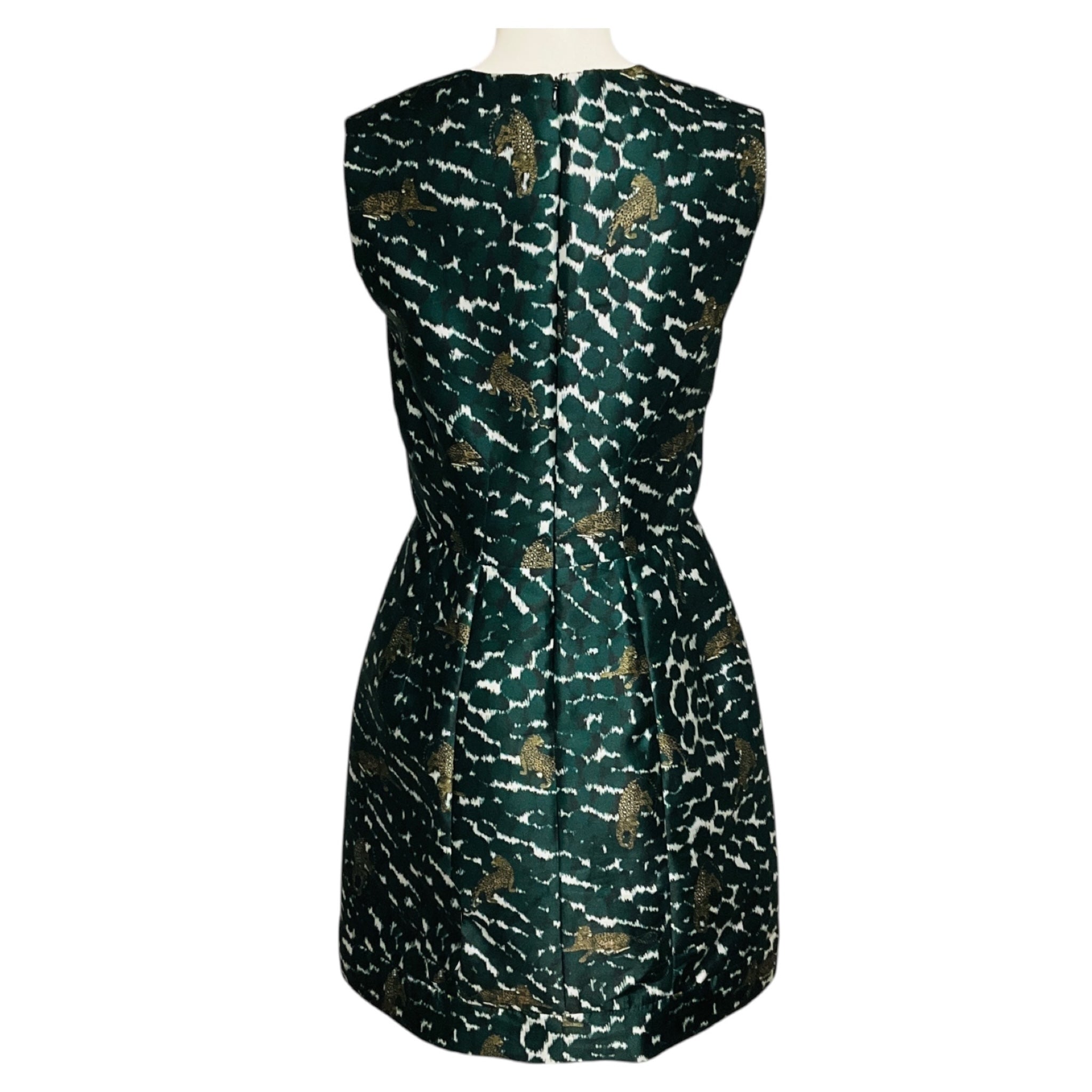 Yigal Azrouel Green Multi Leopard Animal Print Sleeveless V-Neck Satin Cocktail Dress
