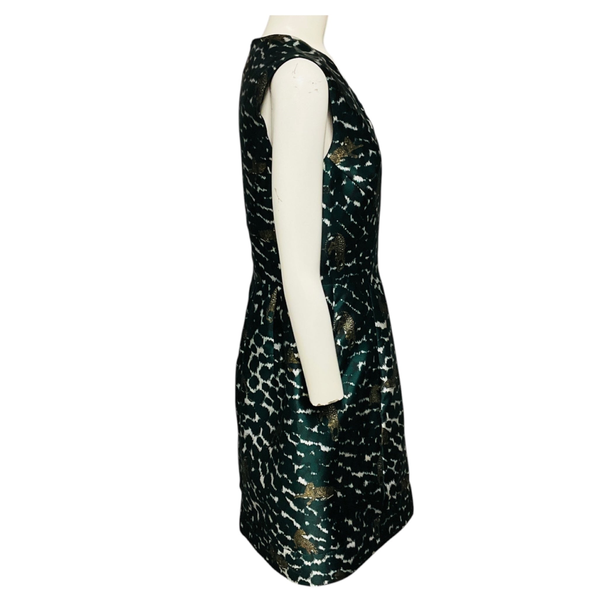 Yigal Azrouel Green Multi Leopard Animal Print Sleeveless V-Neck Satin Cocktail Dress