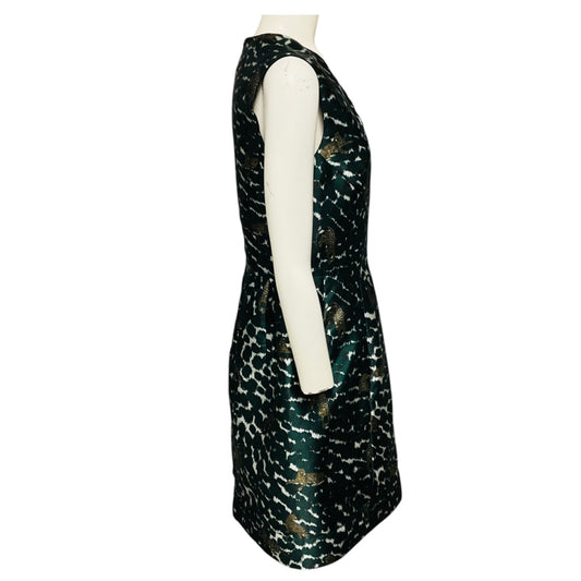 Yigal Azrouel Green Multi Leopard Animal Print Sleeveless V-Neck Satin Cocktail Dress
