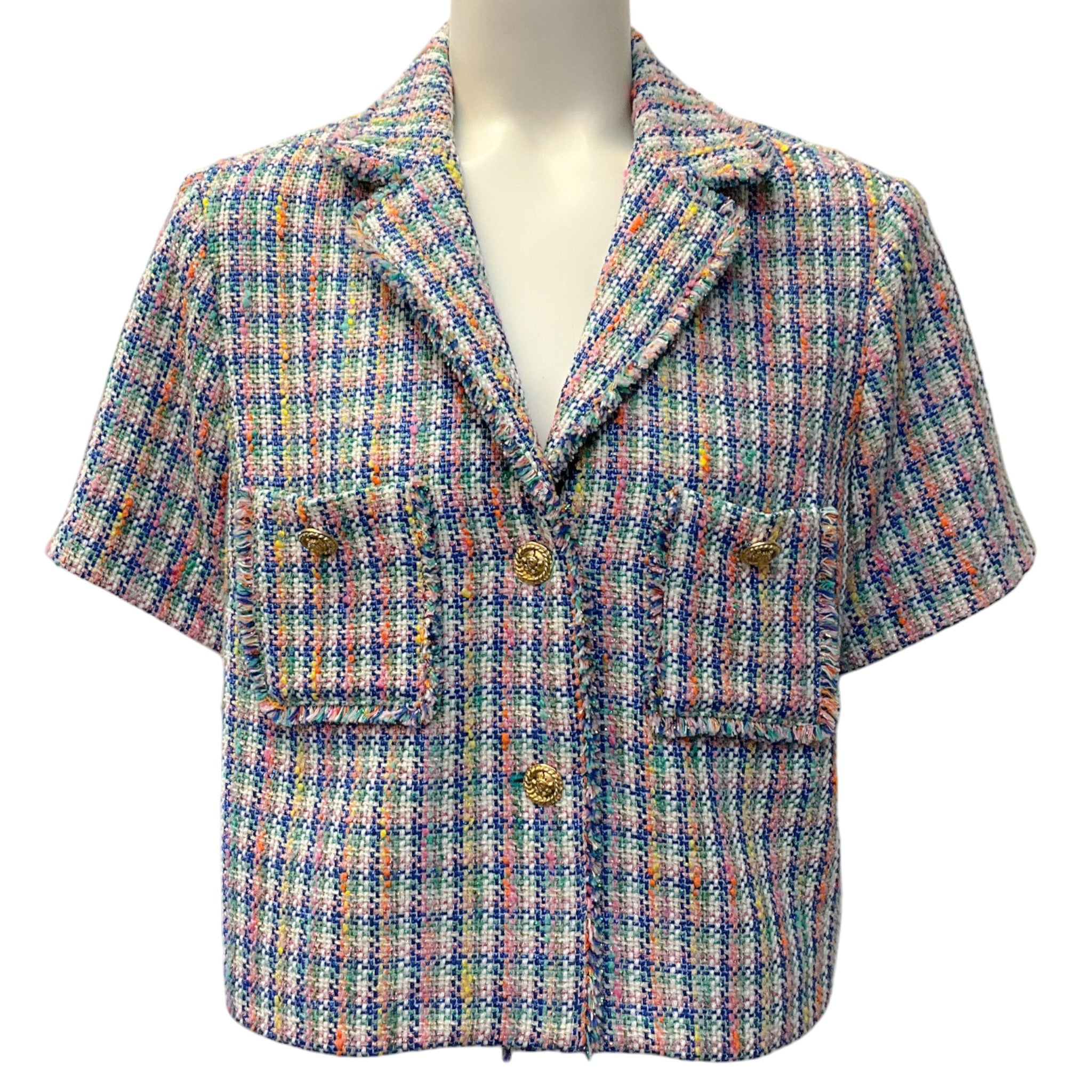 Maje Blue Multi Tweed Vizam Short Sleeved Jacket
