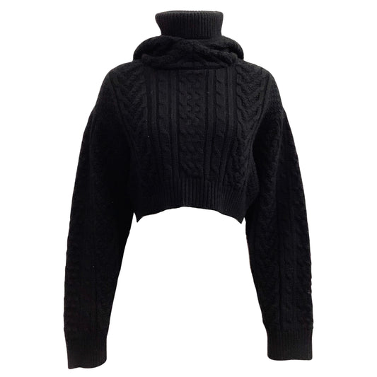 Comme des Garcons Black Wool Cropped Cable Knit Turtleneck Sweater with Hood