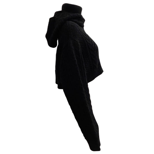 Comme des Garcons Black Wool Cropped Cable Knit Turtleneck Sweater with Hood