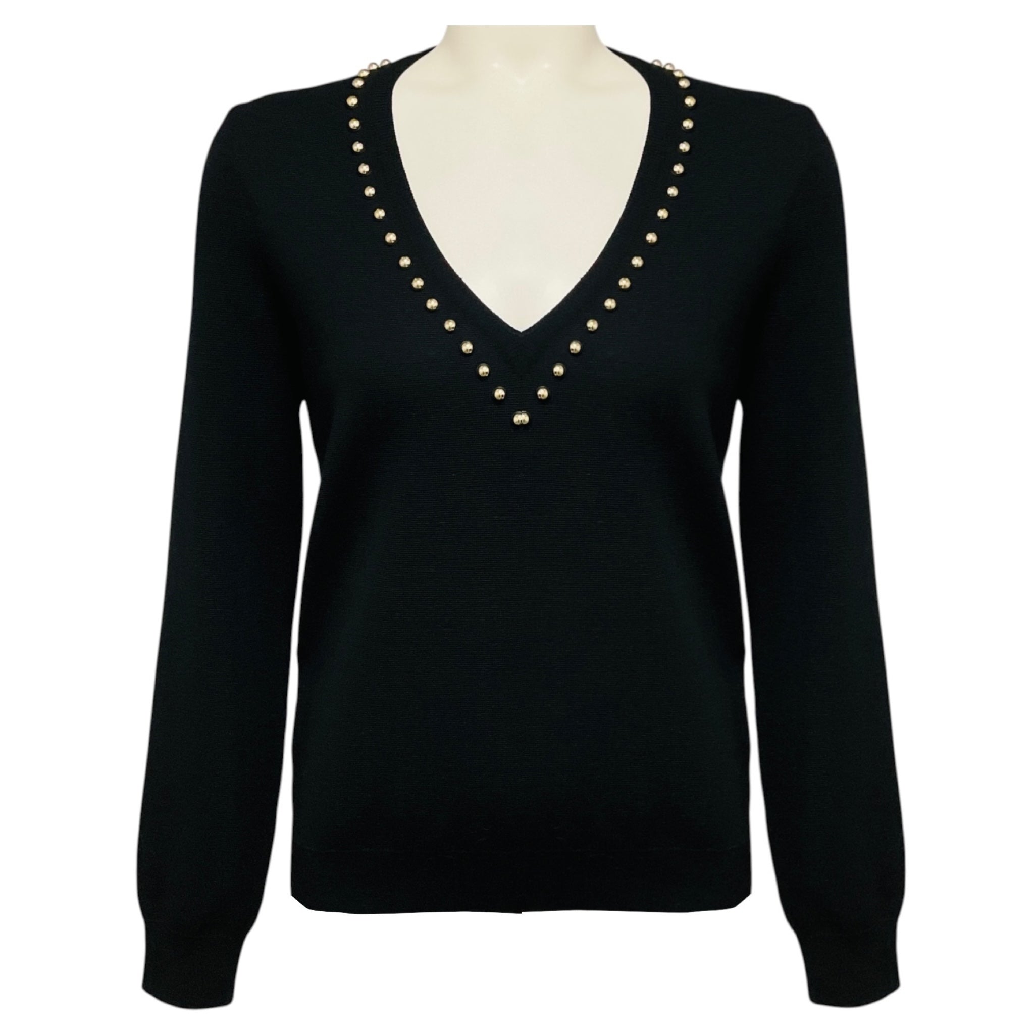 Givenchy Black / Silver Ball Embellished Long Sleeved V-Neck Wool Knit Sweater