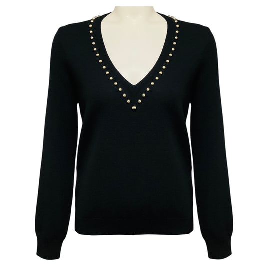 Givenchy Black / Silver Ball Embellished Long Sleeved V-Neck Wool Knit Sweater
