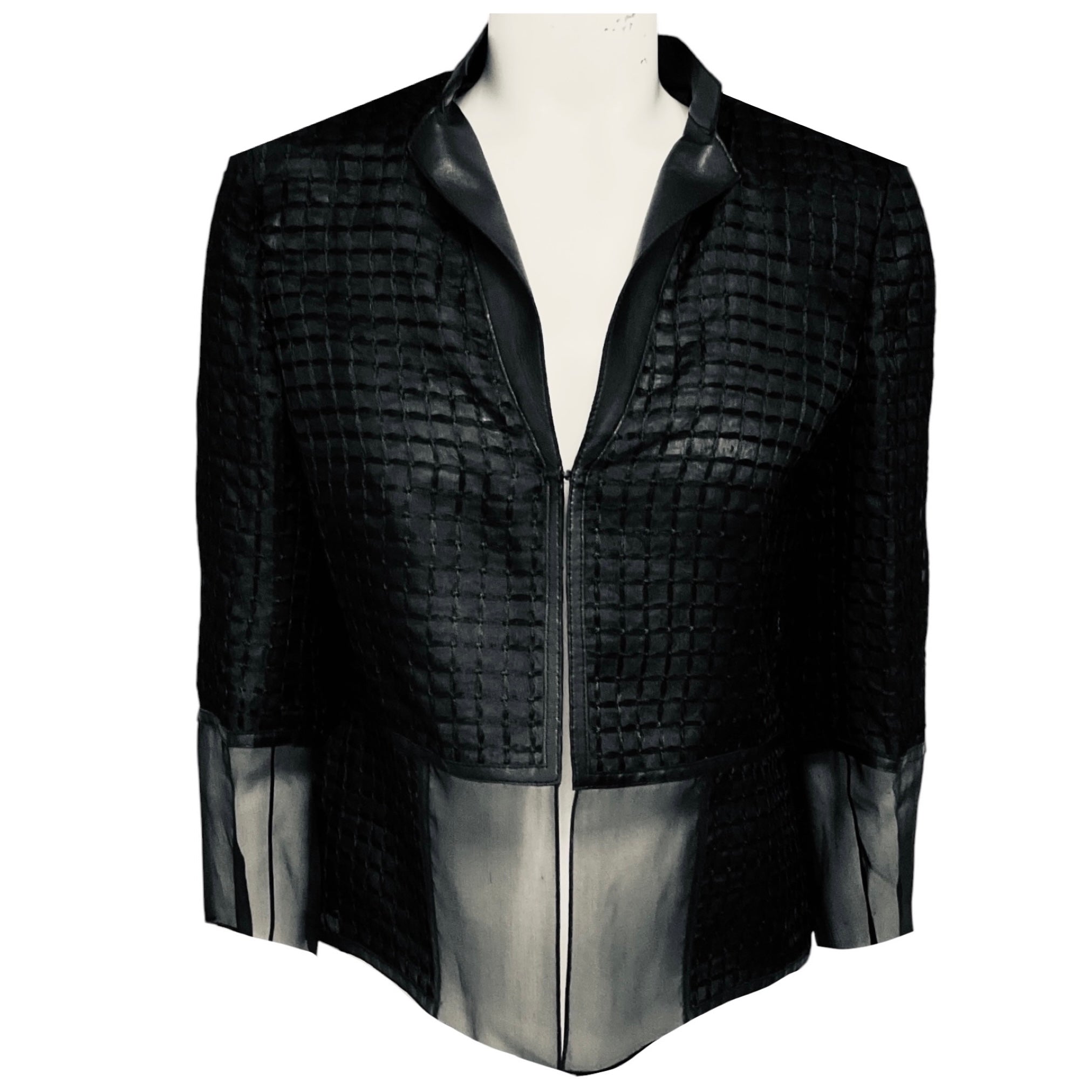 Akris Black Sheer Grid Pattern Silk Jacket with Lambskin Leather Trim