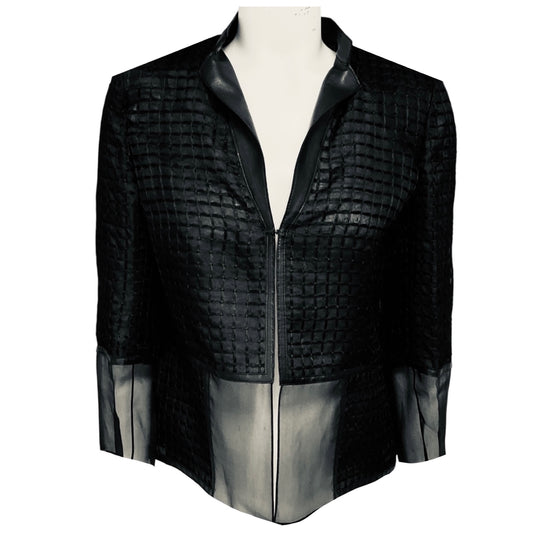 Akris Black Sheer Grid Pattern Silk Jacket with Lambskin Leather Trim