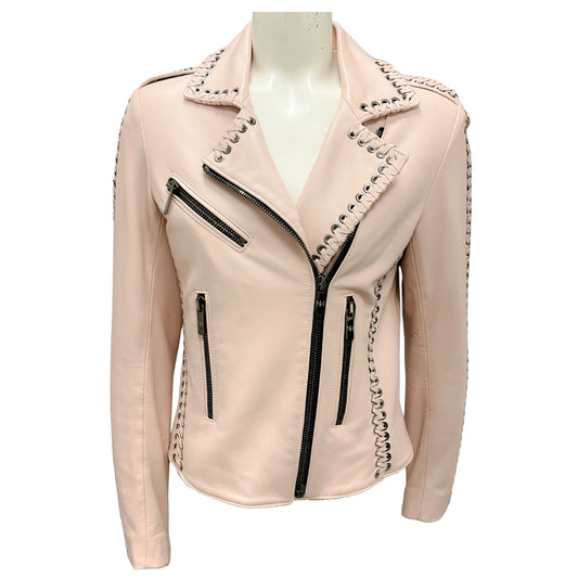 Nour Hammour Blush Pink Lambskin Leather Moto Jacket