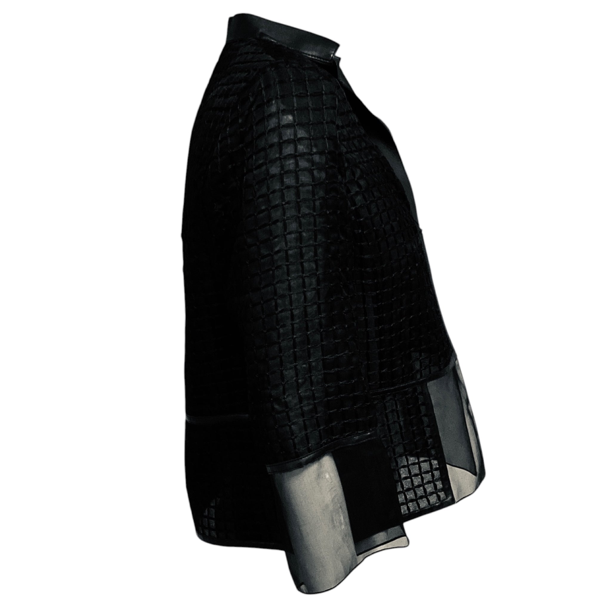 Akris Black Sheer Grid Pattern Silk Jacket with Lambskin Leather Trim