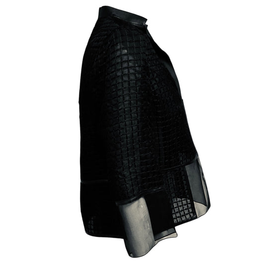 Akris Black Sheer Grid Pattern Silk Jacket with Lambskin Leather Trim