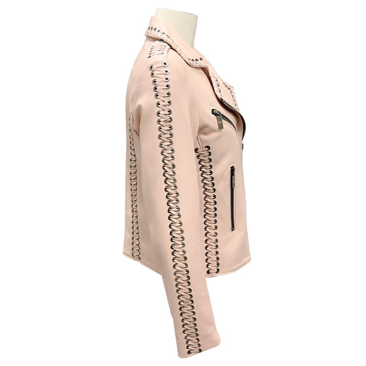 Nour Hammour Blush Pink Lambskin Leather Moto Jacket