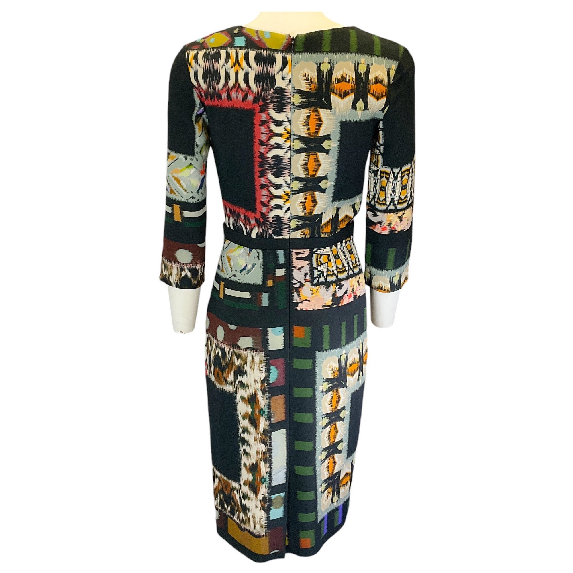 Etro Black Multi Printed Three-Quarter Sleeved V-Neck Crepe Dress