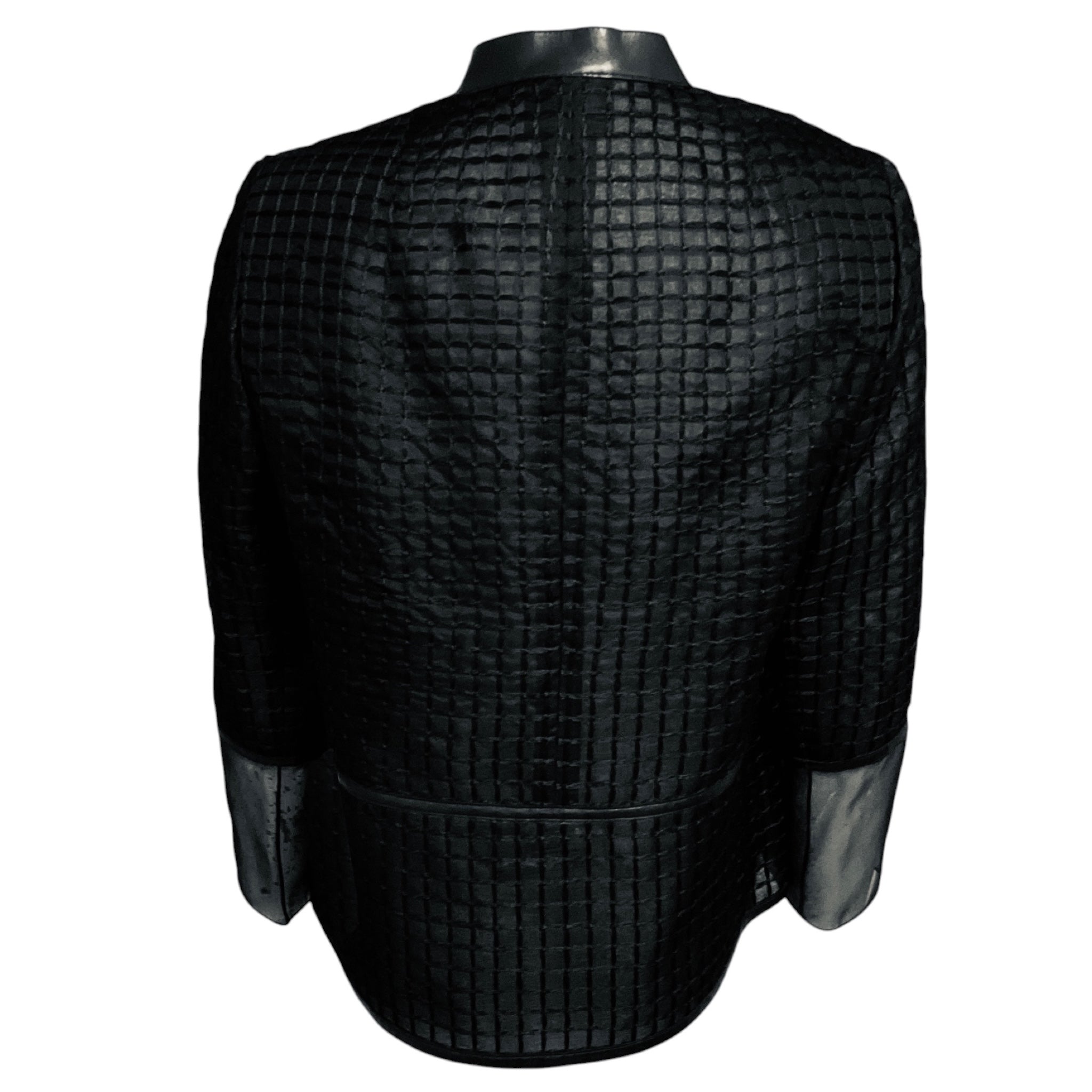 Akris Black Sheer Grid Pattern Silk Jacket with Lambskin Leather Trim