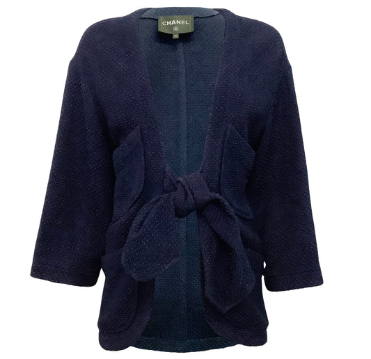Chanel Navy Blue Cotton Tie Front Cardigan