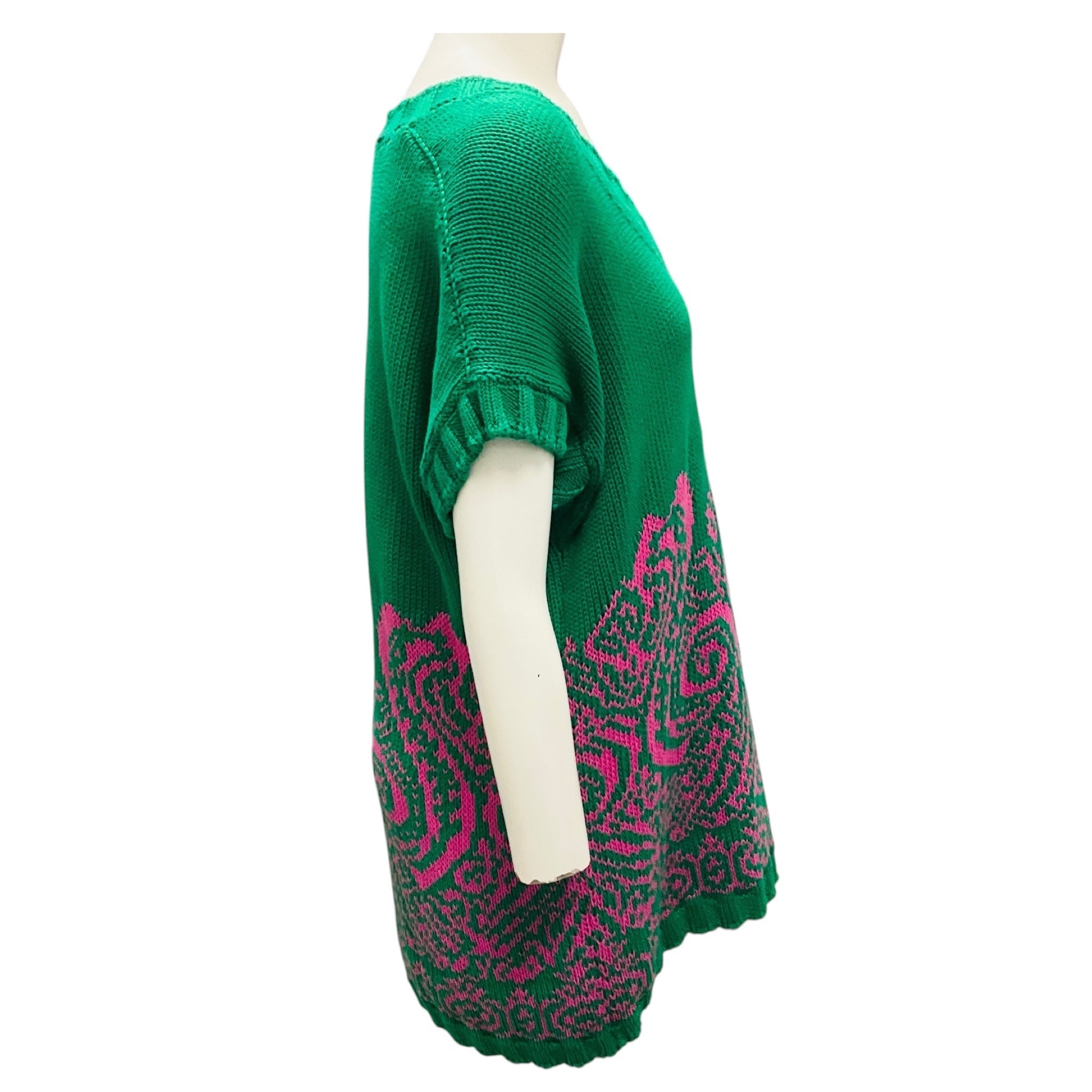 Etro Green / Pink Short Sleeved V-Neck Cotton Knit Sweater