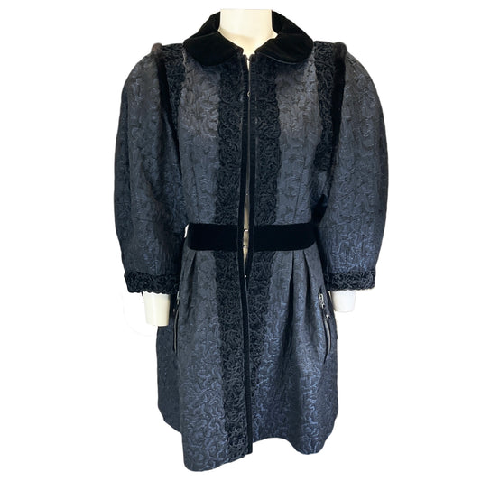 Andrew Gn Navy Blue / Black Mink Fur Trimmed Brocade Coat