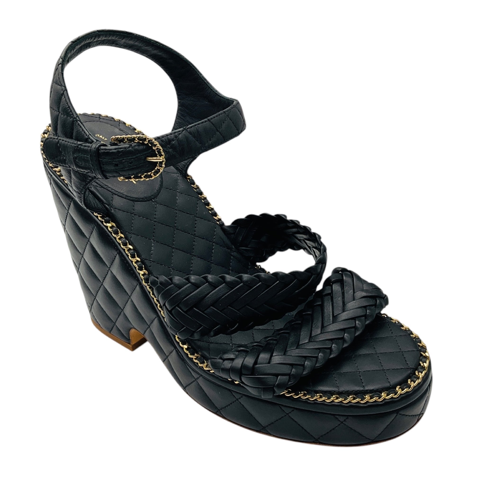 Chanel Black Quilted Leather Platform Sandals with Braided Straps and Gold Chain Trim