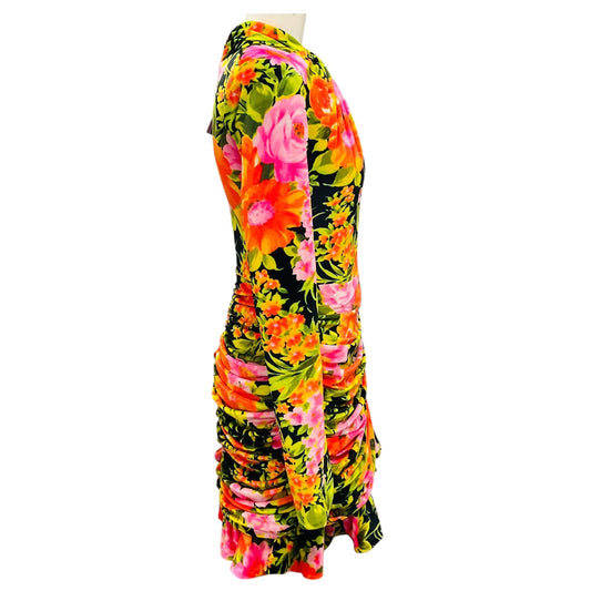 Richard Quinn Orange Multi Ruched Floral Velvet Mini Dress