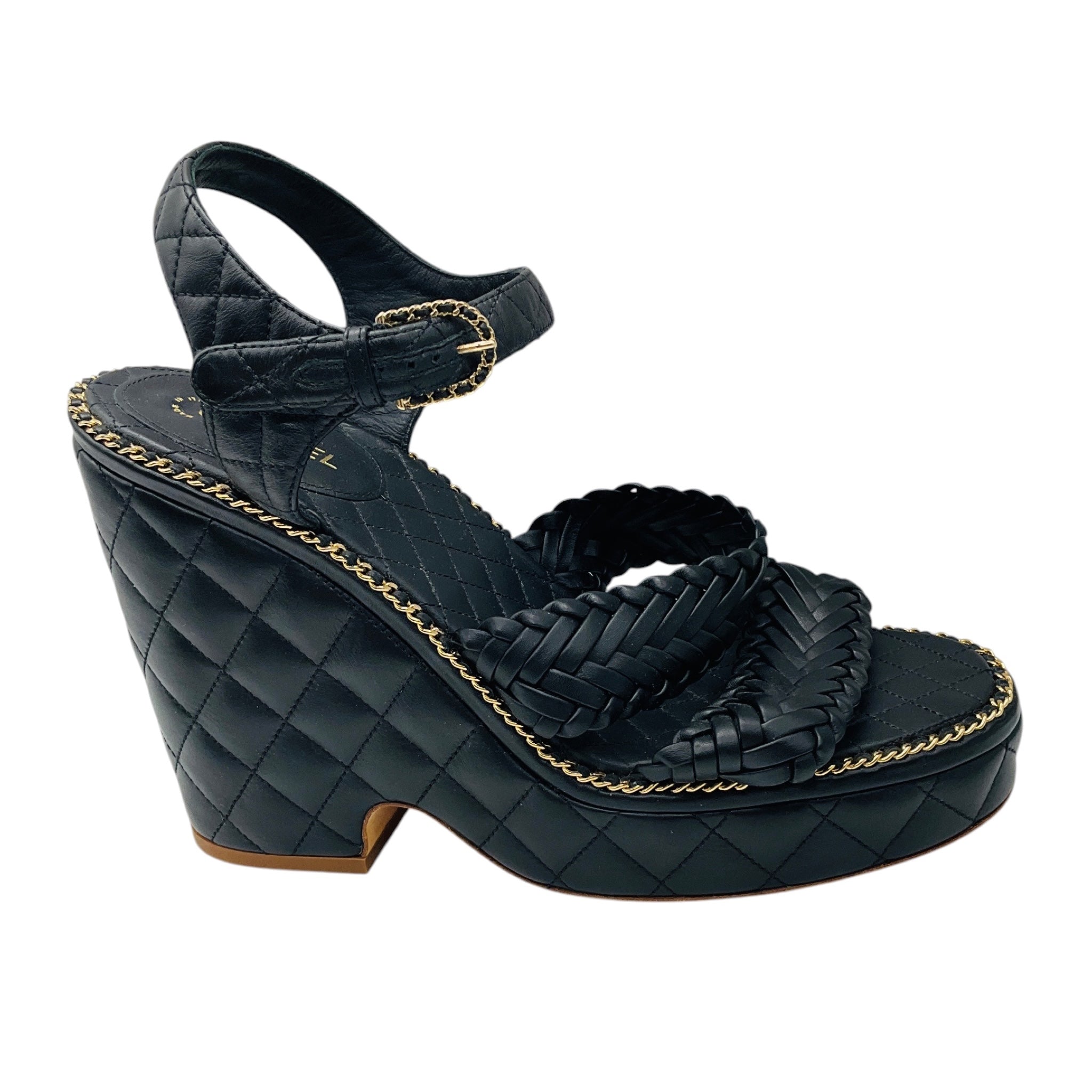 Chanel Black Quilted Leather Platform Sandals with Braided Straps and Gold Chain Trim