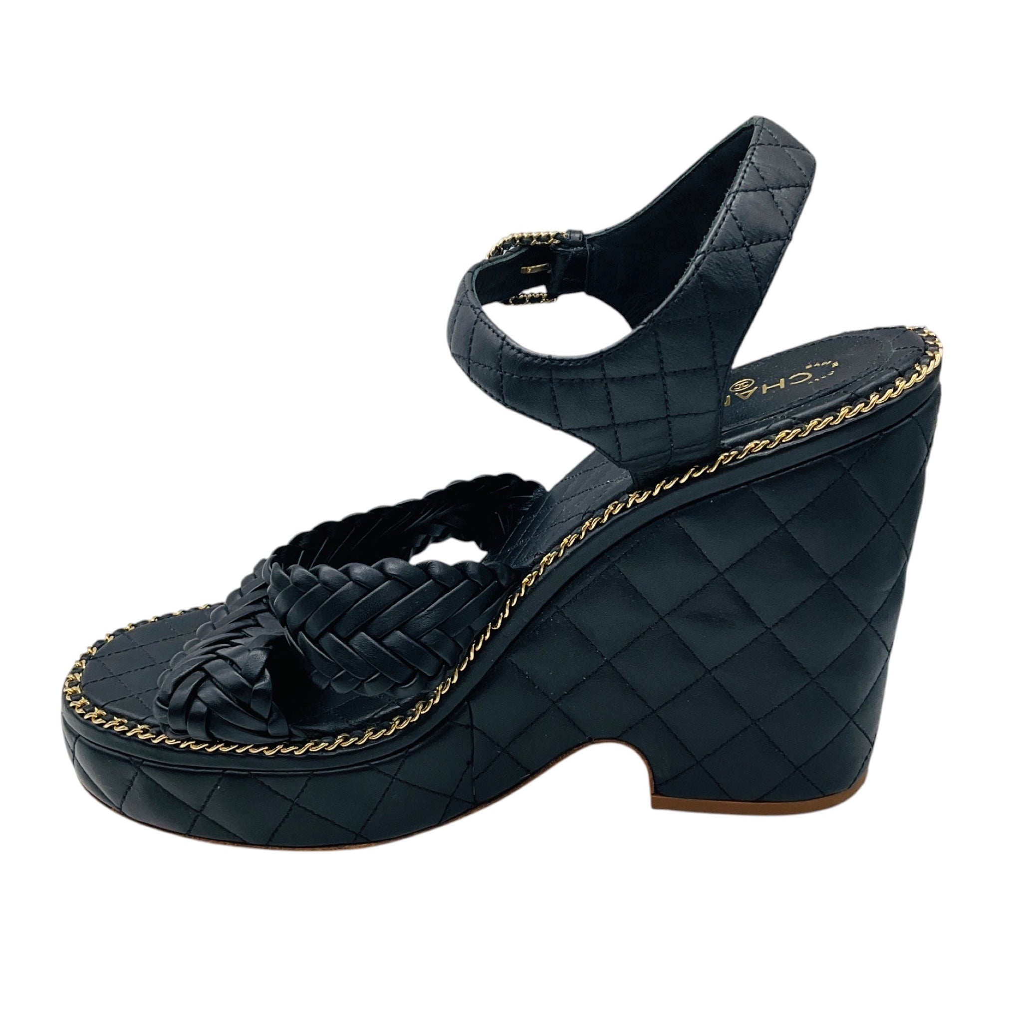Chanel Black Quilted Leather Platform Sandals with Braided Straps and Gold Chain Trim