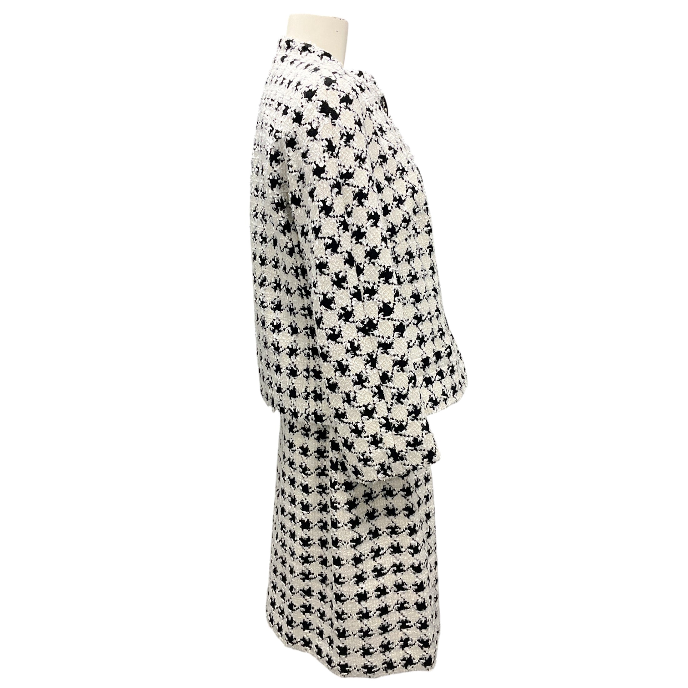 Escada White / Black Houndstooth Tweed Jacket and Skirt Suit Set