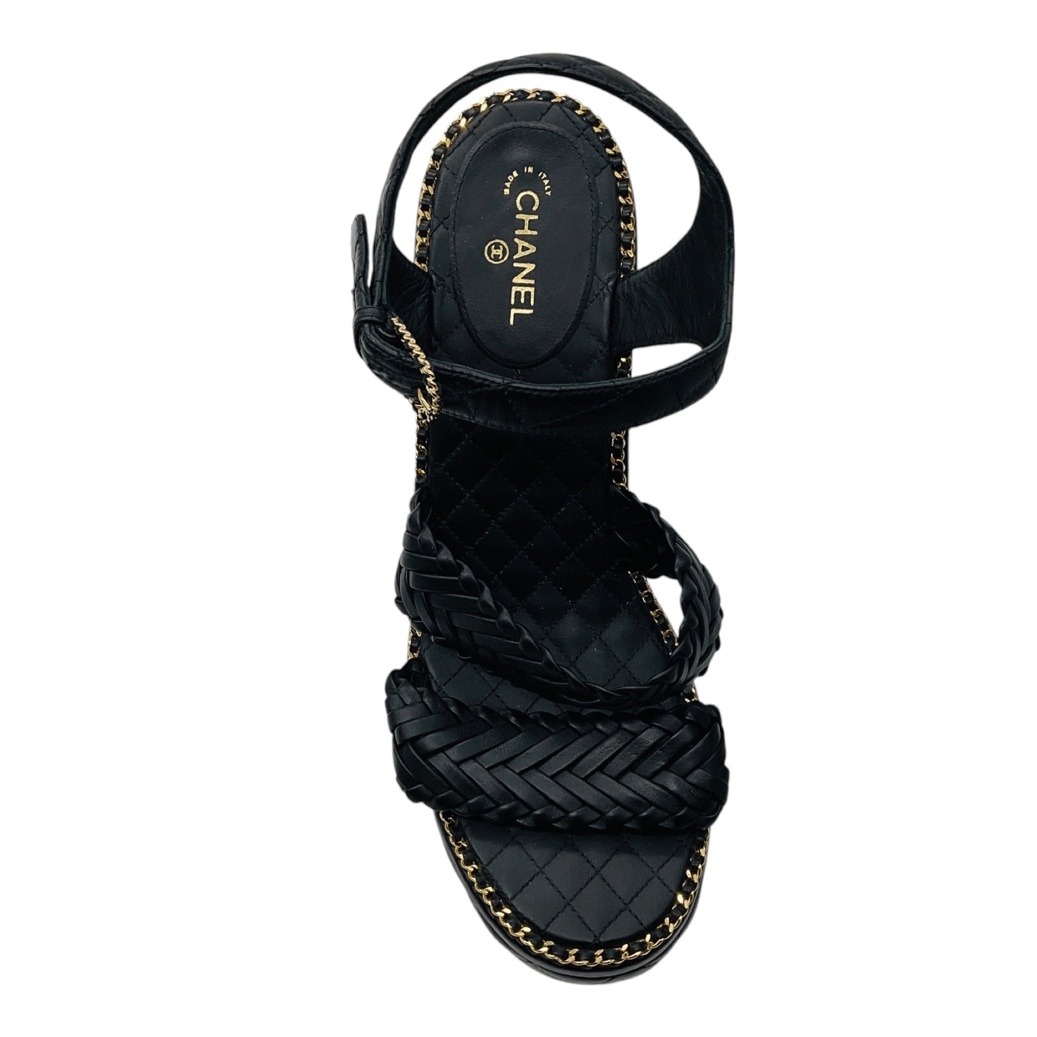 Chanel Black Quilted Leather Platform Sandals with Braided Straps and Gold Chain Trim