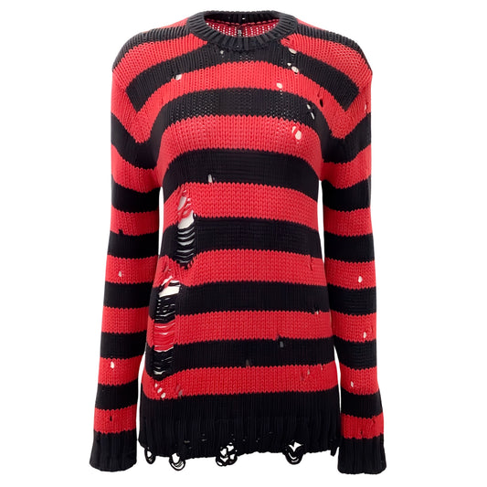 R13 Red / Black Cotton Striped Distressed Sweater