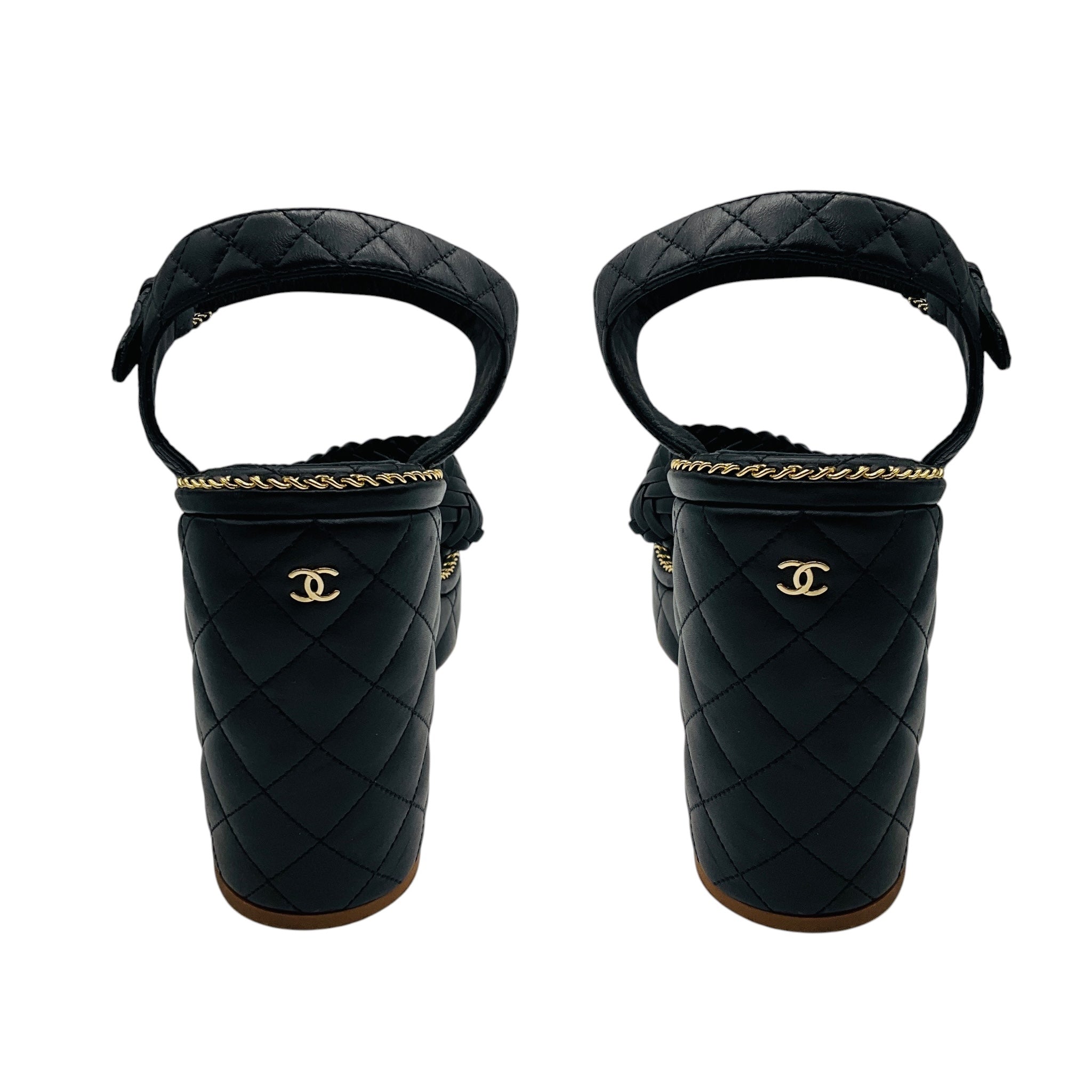 Chanel Black Quilted Leather Platform Sandals with Braided Straps and Gold Chain Trim